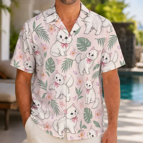 Elegant White Kitten With Pink Bows For Playful Island Getaways And Cat Lovers Hawaiian Shirt