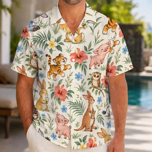 Woodland Animal Friends in a Sunny Island Garden for Summer Beach Getaways and More Hawaiian Shirt