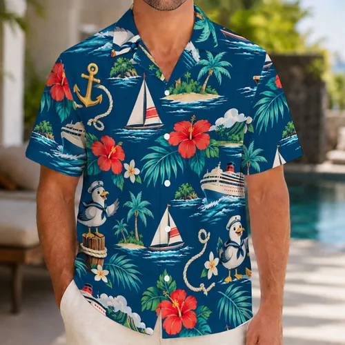 Tropical Cruise Ships, Sailboats and Island Blooms for Relaxed Coastal Getaways Hawaiian Shirt