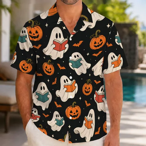 Reading Ghosts and Jack-o’-Lanterns for Cozy Halloween Book Lovers and Spooky Season Hawaiian Shirt