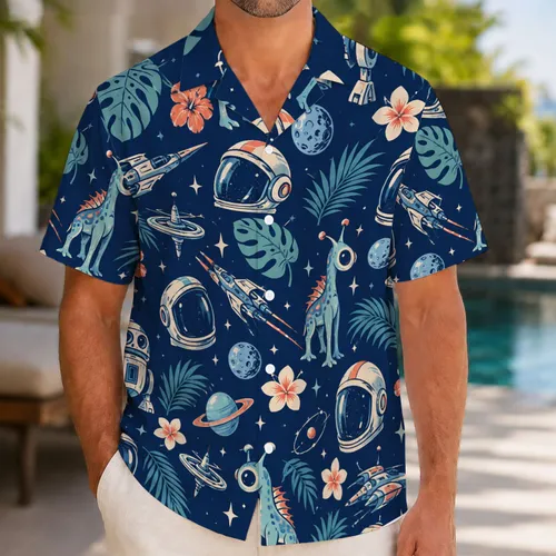 Retro Space Robots and Alien Explorers for Galactic Getaways and Summer Holidays Hawaiian Shirt