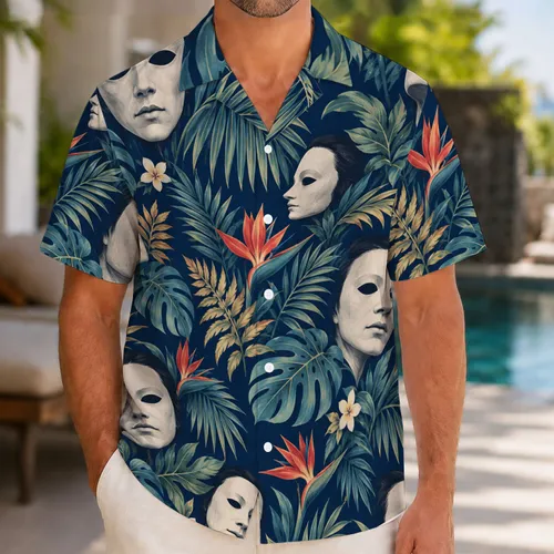 Eerie Porcelain Mask Tropical Foliage for Halloween Beach Getaways and Spooky Vacations Hawaiian Shirt