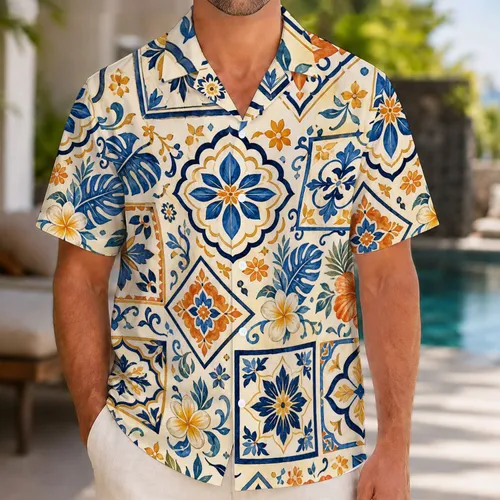 Mediterranean Tile Mosaic for Seaside Getaways and Resort Days, Men's Coastal Style Hawaiian Shirt