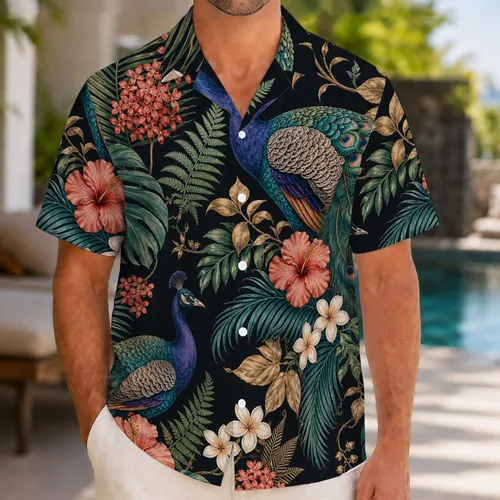 Tropical Peacocks and Botanical Foliage for Resort Getaways and Island Vacations Style Hawaiian Shirt