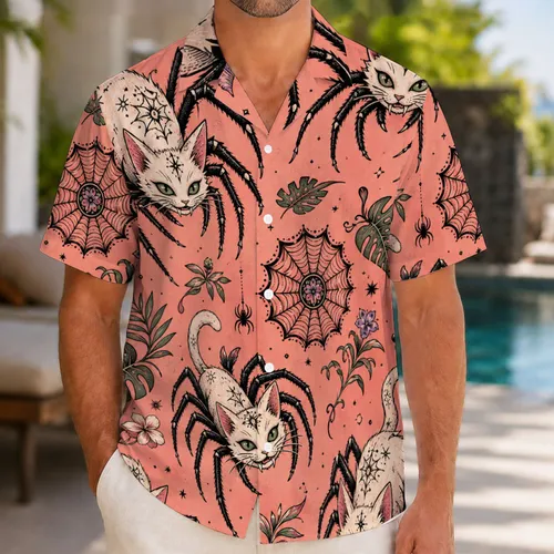 Spider Cat Tattoo Style Floral Motifs for Vacation Outings and Alternative Fashion Fans Hawaiian Shirt