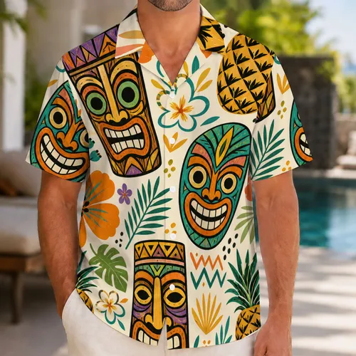 Tiki Masks, Pineapples And Tropical Flowers For Resort Vacations And Beach Weekends Hawaiian Shirt