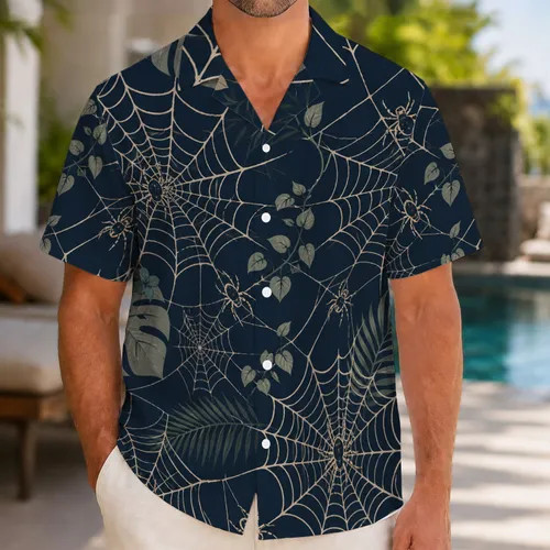 Spider Web Woodland Motif for Halloween Getaways and Nighttime Adventures for Men Hawaiian Shirt