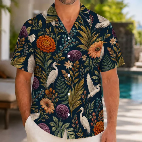 Botanical Crane Garden with Jewel-Toned Florals for Island Escapes, Men Year-Round Hawaiian Shirt