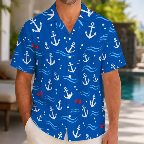 Royal Blue Anchor Waves for Seaside Celebrations and Playful Summer Sailor Style Hawaiian Shirt