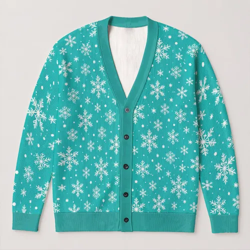 Turquoise Snowflake Winter Style For Cozy Everyday Layering And Festive Outings All-over Print Knitted Cardigan