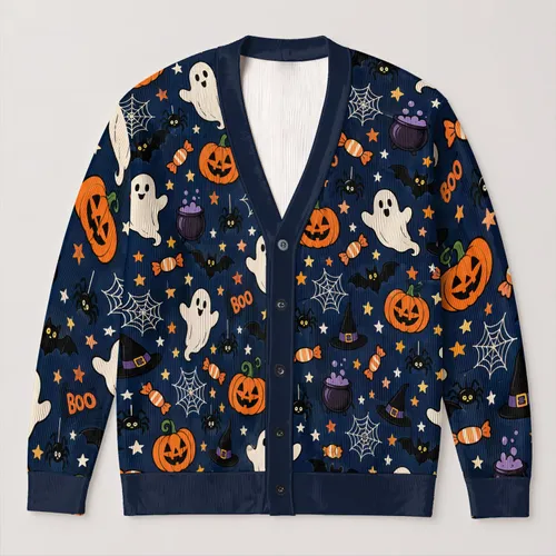 Playful Halloween Ghosts, Jack-o’-Lanterns and Bats for Cozy October Wear All-over Print Knitted Cardigan