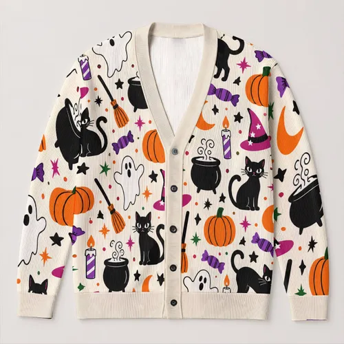 Halloween Witch Hats Pumpkins And Black Cats For Cozy Autumn Days And Festive Evenings All-over Print Knitted Cardigan