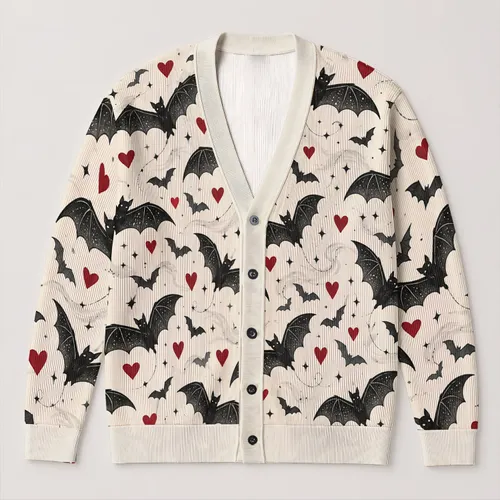 Black Bats And Crimson Hearts For Playful Halloween Nights And Everyday Layering All-over Print Knitted Cardigan