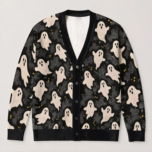 Friendly Ivory Ghosts on Charcoal for Halloween Parties and Cozy Fall Outings All-over Print Knitted Cardigan