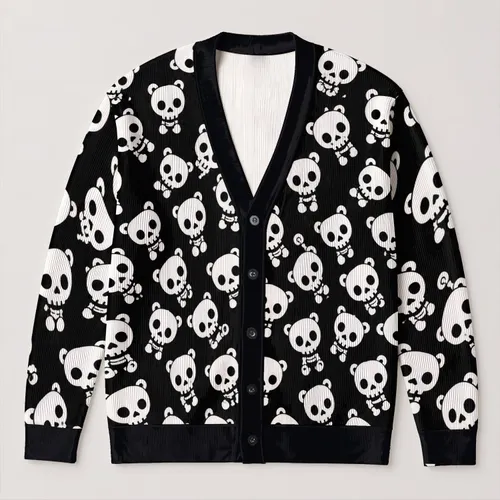 Playful White Skull Motifs for Cozy Autumn Days and Everyday Alternative Style All-over Print Knitted Cardigan