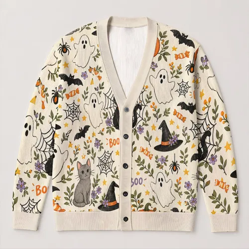 Cute Ghosts, Black Cats & Pumpkins for Cozy Halloween Season and Spooky October Outings All-over Print Knitted Cardigan