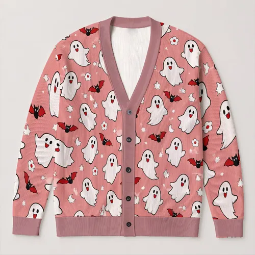 Cute Ghosts and Red-Winged Bats for Cozy Halloween Season Layering All-over Print Knitted Cardigan