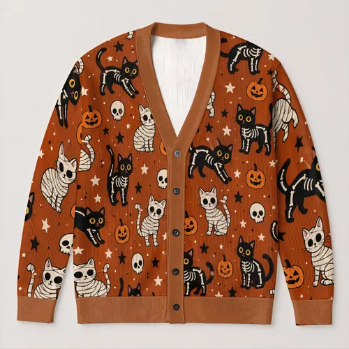 Halloween Skeleton Cats, Mummy Kittens and Pumpkins for Playful Autumn Style for Women All-over Print Knitted Cardigan