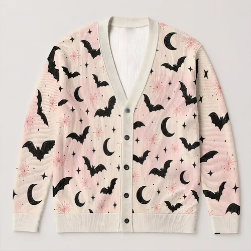 Halloween Bats, Crescent Moons and Pink Starbursts for Cozy Autumn Nights All-over Print Knitted Cardigan