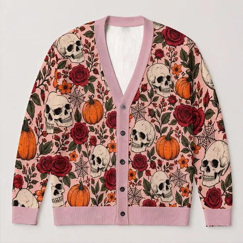 Skulls, Pumpkins And Crimson Roses For A Spooky Halloween Night All-over Print Knitted Cardigan