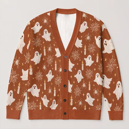 Friendly Ghosts, Cobwebs and Candlelight for Cozy Autumn Halloween Style All-over Print Knitted Cardigan