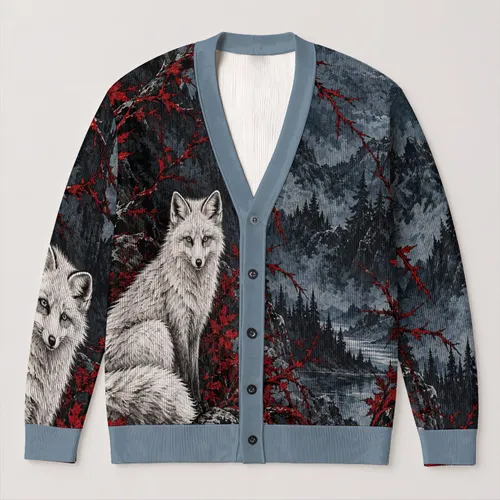 White Fox And Crimson Thorn Branches For Moody Woodland Autumn Layering All-over Print Knitted Cardigan