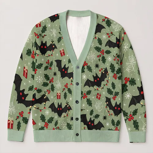 Cute Bat And Holly Holiday Motifs for Cozy Autumn Winter Layering All-over Print Knitted Cardigan