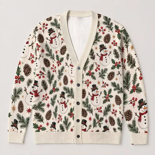 Snowmen And Evergreen Boughs For Cozy Holiday Gatherings And Winter Days All-over Print Knitted Cardigan
