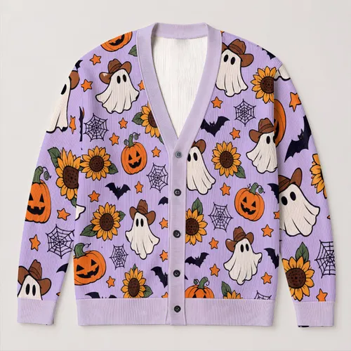 Cowboy Ghosts And Jack-O'-Lanterns For Cozy Halloween Season All-over Print Knitted Cardigan