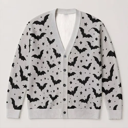 Black Bat And Star Motifs For Spooky Season Everyday Layering All-over Print Knitted Cardigan