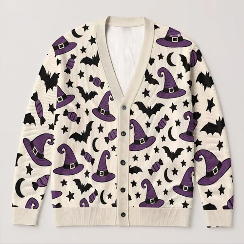 Purple Witch Hats, Bats and Stars for Halloween Nights and Spooky Season All-over Print Knitted Cardigan