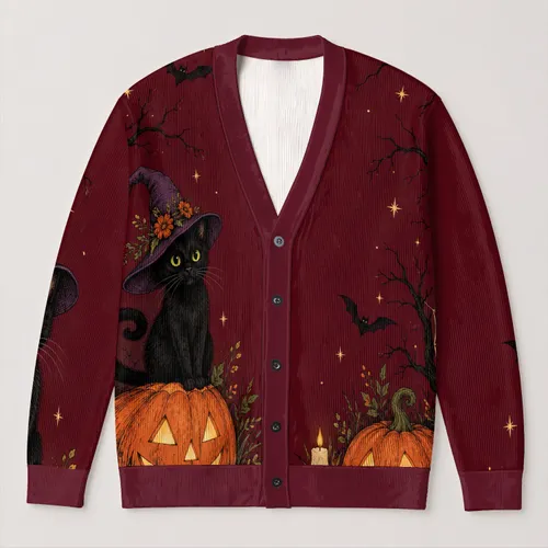 Witch Hat Cat and Jack-O’-Lanterns for Cozy Halloween Nights and Autumn Gatherings All-over Print Knitted Cardigan