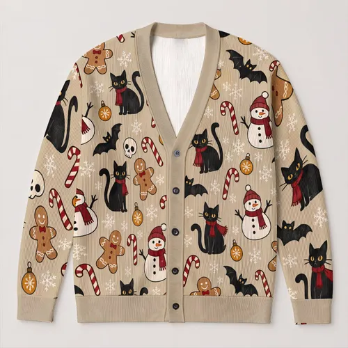 Spooky Christmas Cats, Bats and Candy Canes for Cozy Holiday Season Style All-over Print Knitted Cardigan