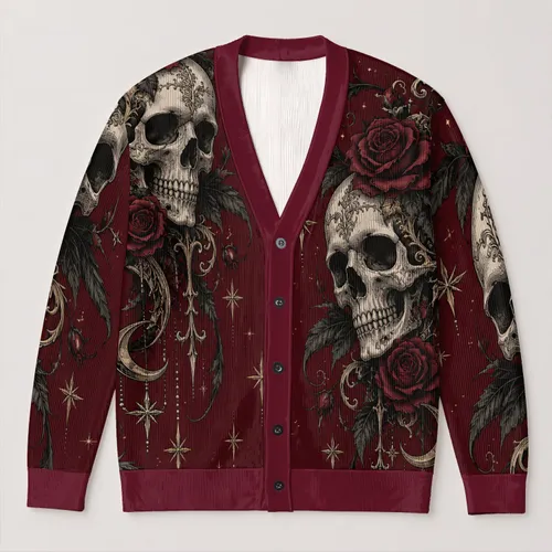 Gothic Skull and Rose Motifs for Autumn Layering and Everyday Alternative Style All-over Print Knitted Cardigan