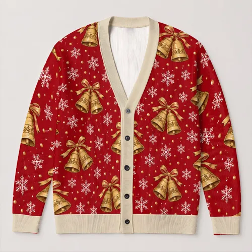 Golden Christmas Bells and Snowflakes for Cozy Holiday Gatherings and Winter Cheer All-over Print Knitted Cardigan