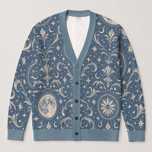 Celestial Moon And Star Scrollwork For Cozy Winter Layering And Everyday Style Look All-over Print Knitted Cardigan