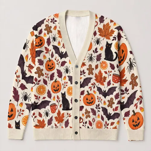 Pumpkin Bat and Maple Leaf Halloween Style for Cozy Autumn Days and Fall Celebrations All-over Print Knitted Cardigan