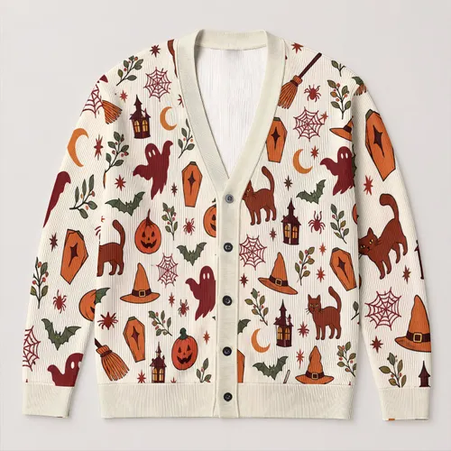 Halloween Cats, Ghosts and Pumpkins for Spooky Autumn Celebrations All-over Print Knitted Cardigan