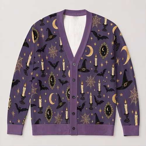 Purple Halloween Bats, Moons & Candlelight for Spooky Season Everyday Wear for Women All-over Print Knitted Cardigan