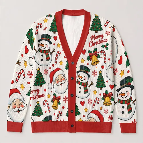 Santa Snowman Christmas Icons for Festive Holiday Parties and Cozy December Days for Women All-over Print Knitted Cardigan