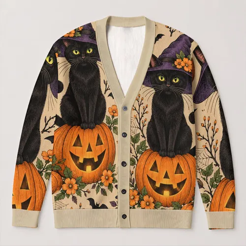 Witch Hat Black Cats and Jack-o'-Lanterns for Cozy Halloween Nights and Autumn Outings All-over Print Knitted Cardigan