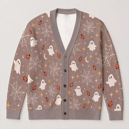 Halloween Ghosts, Spiderwebs And Ladybugs For Cozy Autumn Nights And Festive Layering All-over Print Knitted Cardigan