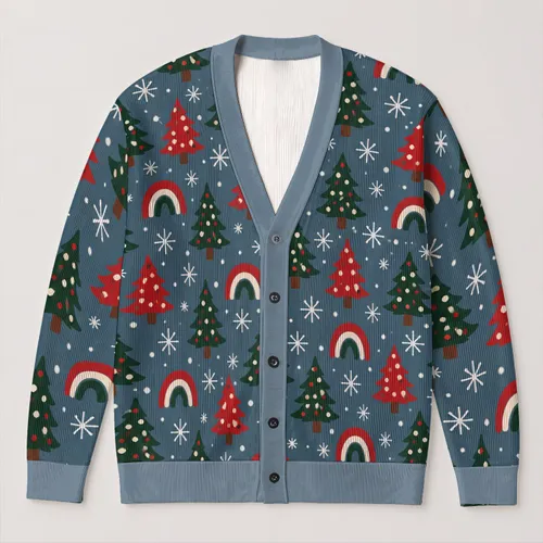 Red Green Evergreen Trees and Rainbows for Cozy Holiday Layering, Women's Winter Style All-over Print Knitted Cardigan