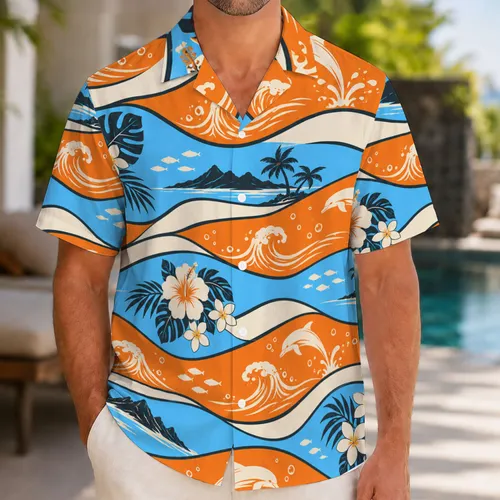 Orange And Ivory Dolphin Waves For Sunny Tropical Getaways And Beach Holidays Hawaiian Shirt