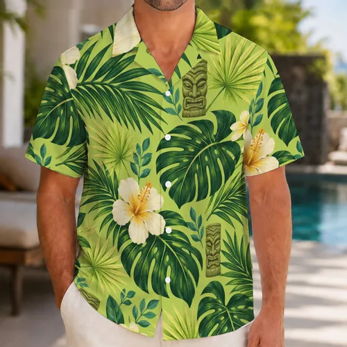Tropical Foliage And Tiki Face Style For Island Getaways And Costume Parties Hawaiian Shirt
