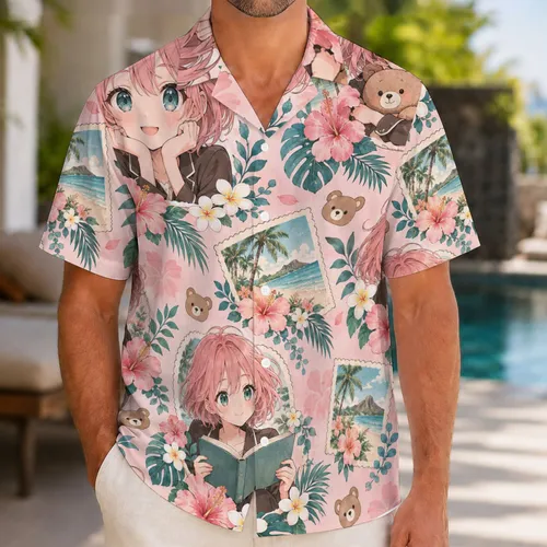 Pink-Haired Anime Girl and Blossoms for Playful Island Getaways and Cozy Days Hawaiian Shirt