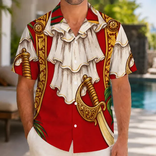 Red Buccaneer Sword and Ruffle Costume Style for Halloween Parties and Beach Getaways Hawaiian Shirt