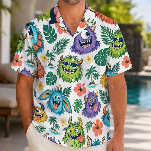Whimsical Colorful Monster Faces for Festivals, Beach Getaways and Playful Parties Hawaiian Shirt