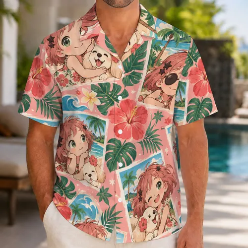 Pink-Haired Chibi Girl And Tropical Blooms For Playful Island Getaways Hawaiian Shirt