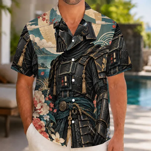 Masked Space Samurai Among Japanese Peonies for Island Getaways and Sci-Fi Fans Hawaiian Shirt
